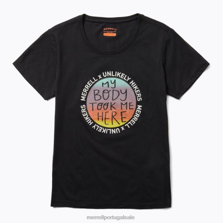 camiseta de manga curta (jws26683-010) Unlikely Hikers X Merrell mulheres 4820N1267 preto roupas